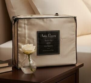 Keeco Queen Satin Sheet Set Wrinkle Free Tan Ivory Silky Soft Bedding New